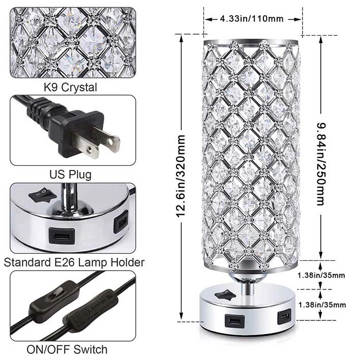 Modern Crystal Table Lamp with USB Ports