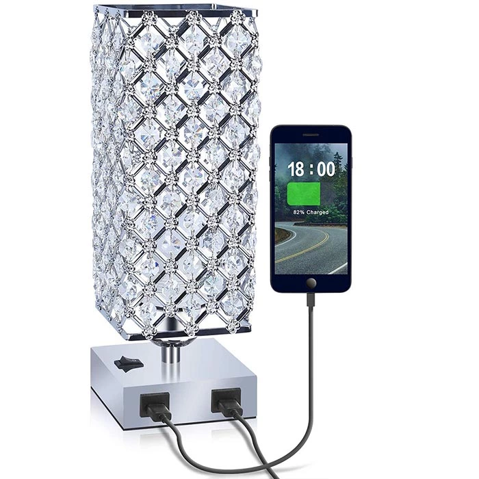 Square Crystal Table Lamp with USB Ports