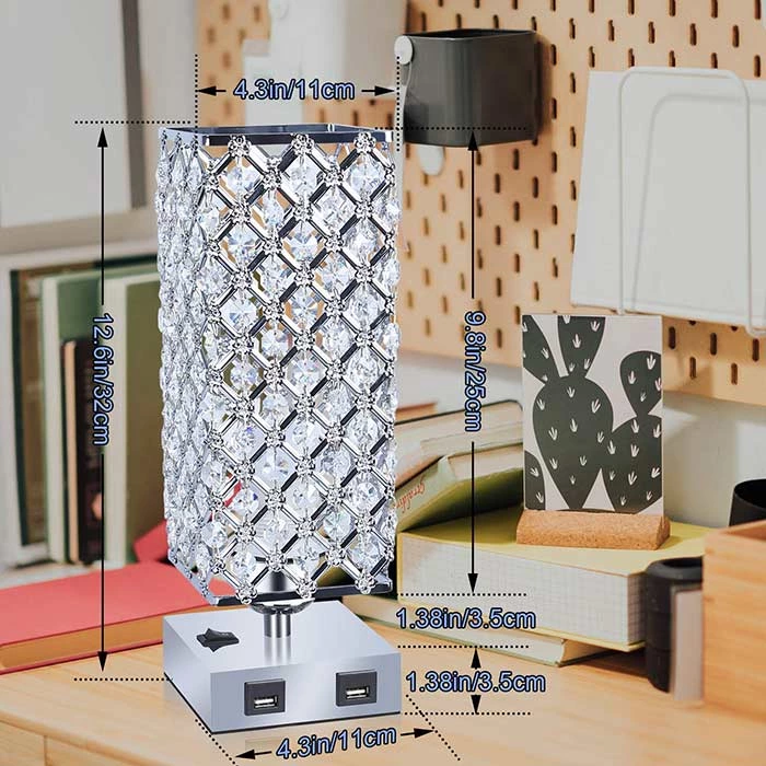 Square Crystal Table Lamp with USB Ports