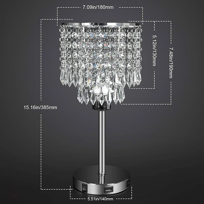 Silver K9 Crystal Table Lamp with USB Ports