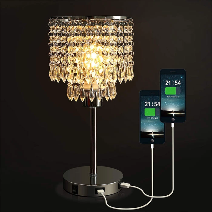 Silver K9 Crystal Table Lamp with USB Ports