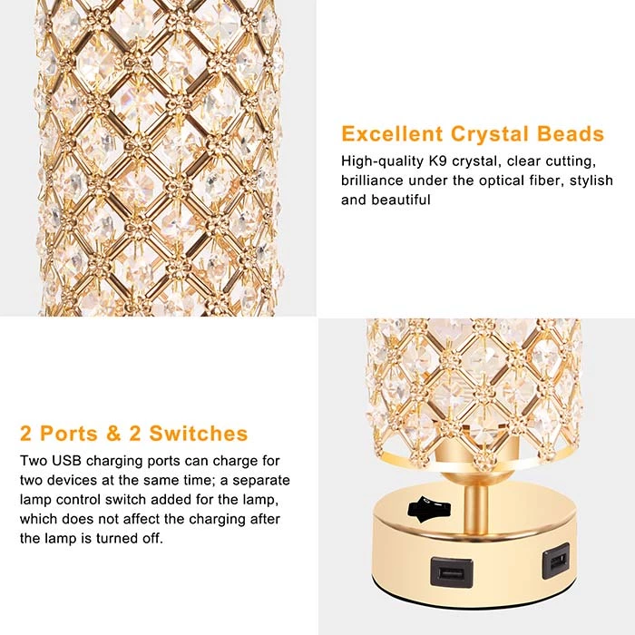 Gold Color Crystal Table Lamp with USB Ports