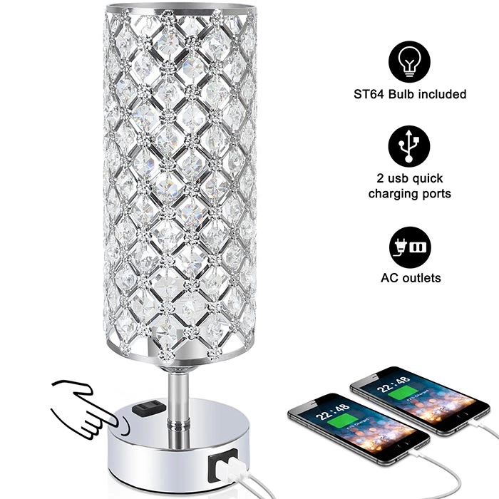 Crystal Table Lamp with USB Ports AC Outlet