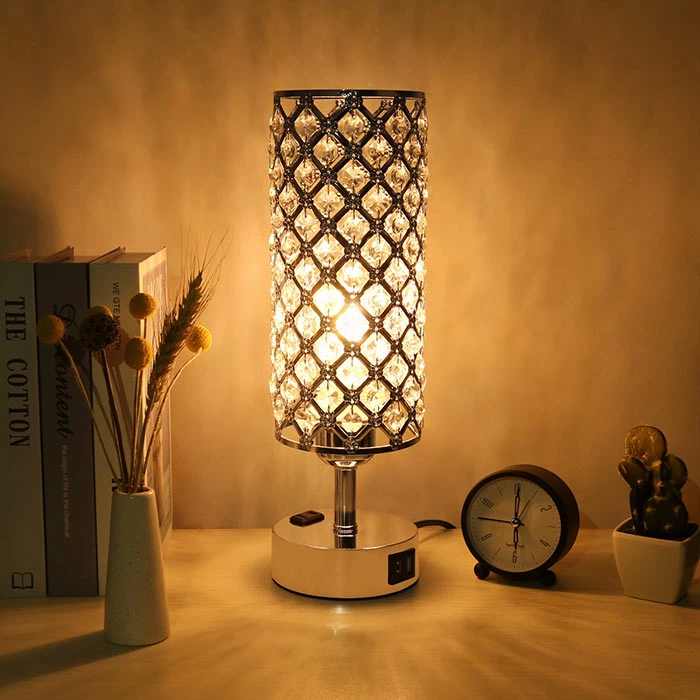 Crystal Table Lamp with USB Ports AC Outlet