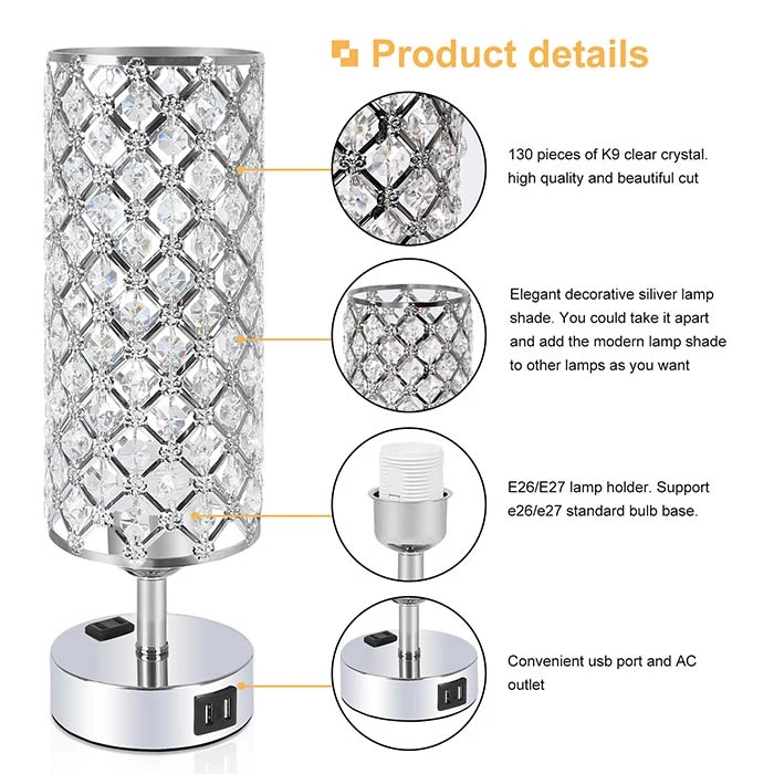 Crystal Table Lamp with USB Ports AC Outlet