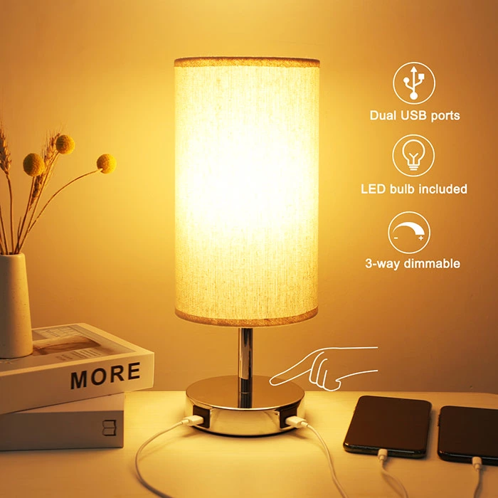 Round Fabric Table Lamp with USB Ports