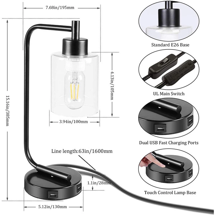 Industrial Glass Lampshade Table Lamp for Reading