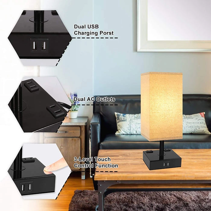 3-Way Dimmable Touch Table Lamp with Outlet USB Ports