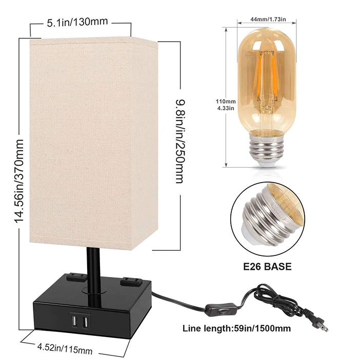 3-Way Dimmable Touch Table Lamp with Outlet USB Ports