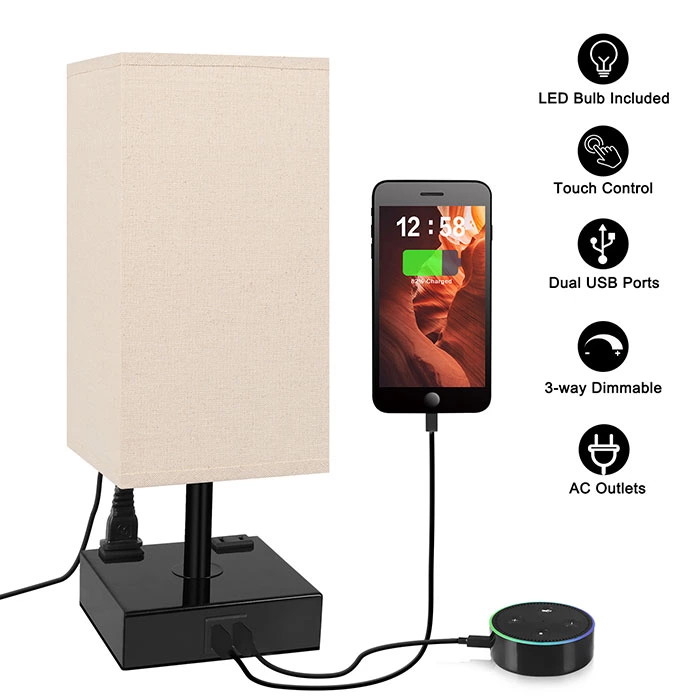 3-Way Dimmable Touch Table Lamp with Outlet USB Ports