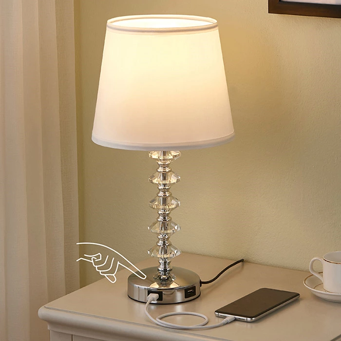 3-Way Touch Crystal Lamp for Bedroom with USB Ports