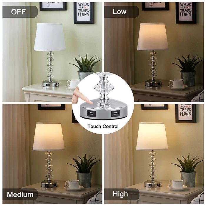 3-Way Touch Crystal Lamp for Bedroom with USB Ports