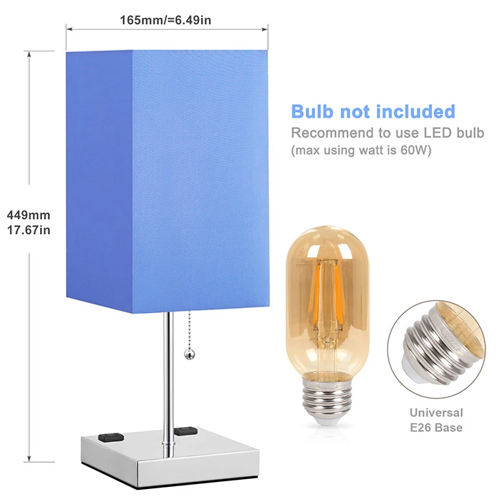 TC Fabric Shade Square Blue Table Lamp With Outlet