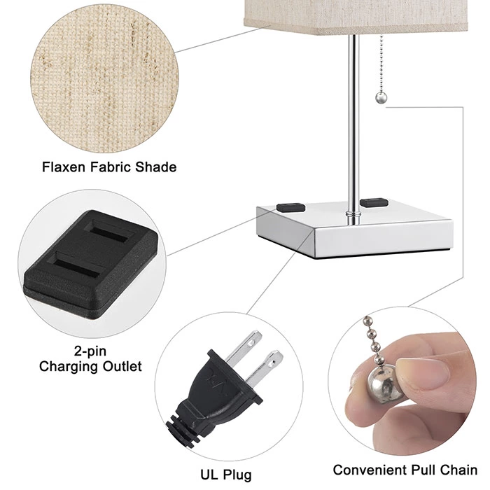 Fabric Shade Square Beige Table Lamp With Outlet