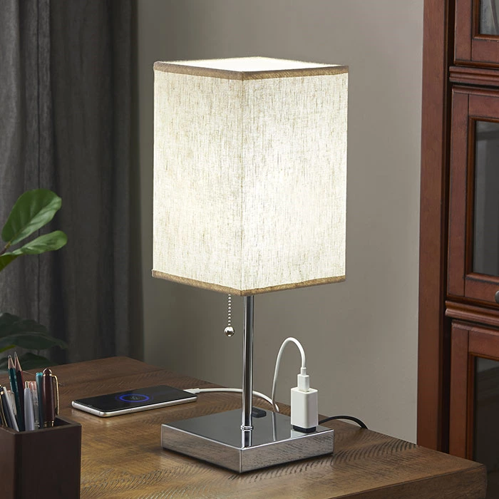 Fabric Shade Square Beige Table Lamp With Outlet