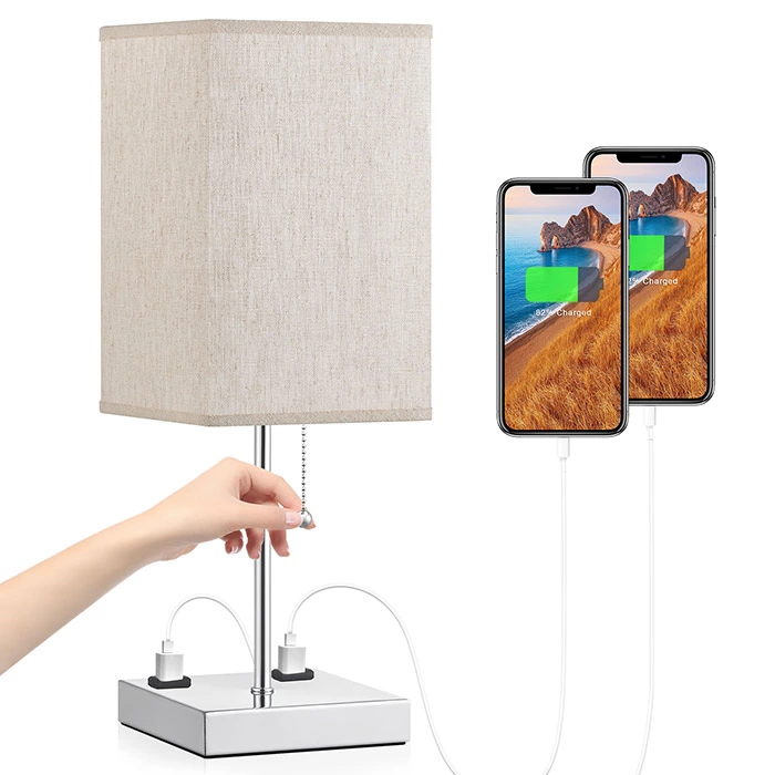 Fabric Shade Square Beige Table Lamp With Outlet