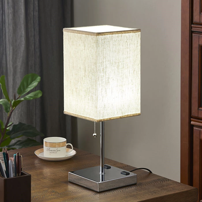 Fabric Shade Square Beige Table Lamp With Outlet