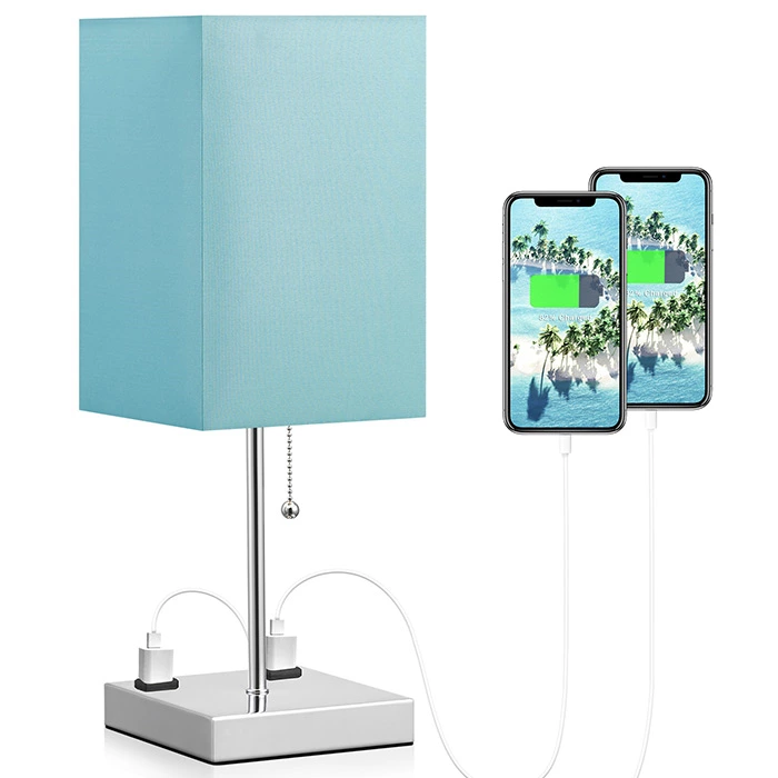 TC Fabric Shade Square Green Table Lamp With Outlet