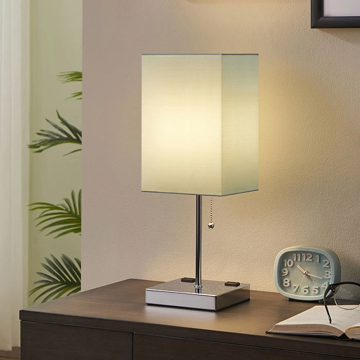 TC Fabric Shade Square Green Table Lamp With Outlet