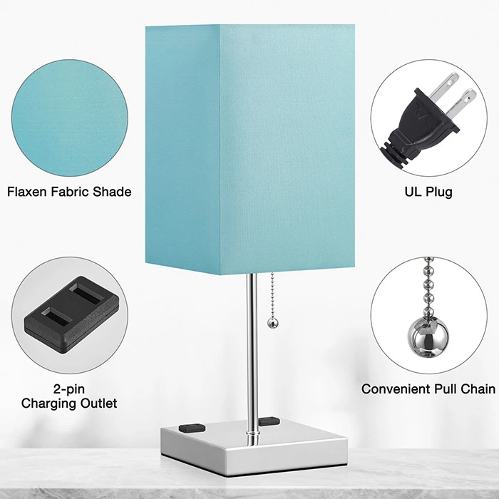 TC Fabric Shade Square Green Table Lamp With Outlet