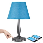 3-Way Dimmable Blue Touch Table Lamp for Bedroom with USB Ports