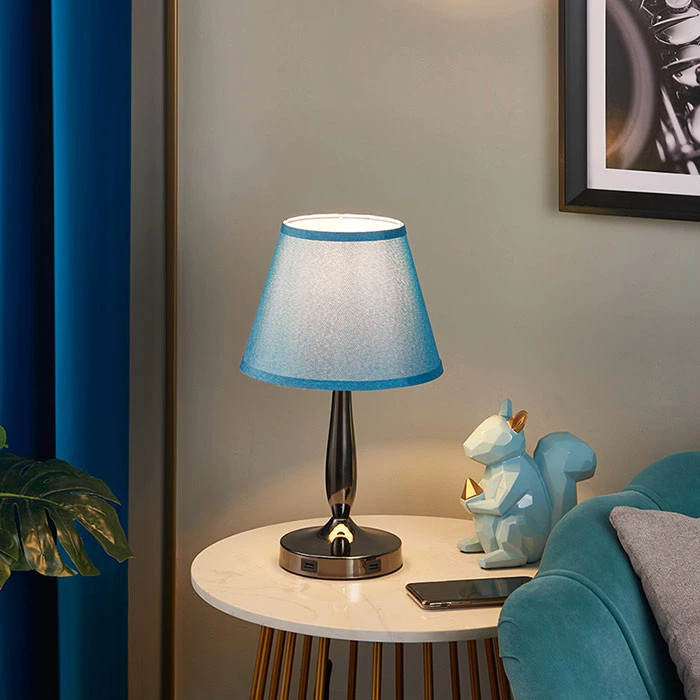 3-Way Dimmable Blue Touch Table Lamp for Bedroom with USB Ports