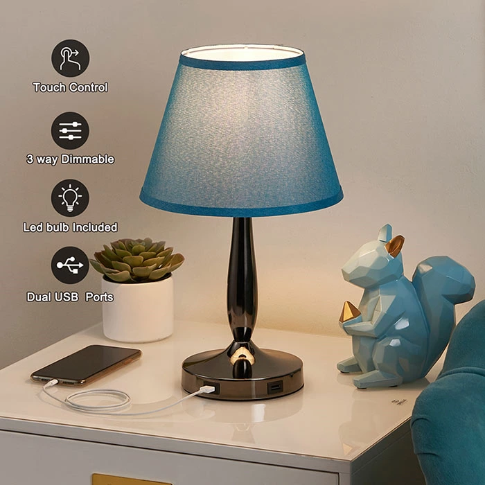 3-Way Dimmable Blue Touch Table Lamp for Bedroom with USB Ports