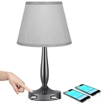 3-Way Dimmable Grey Touch Table Lamp for Bedroom with USB Ports