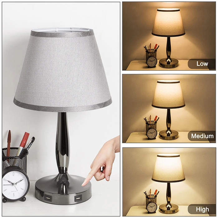 3-Way Dimmable Grey Touch Table Lamp for Bedroom with USB Ports