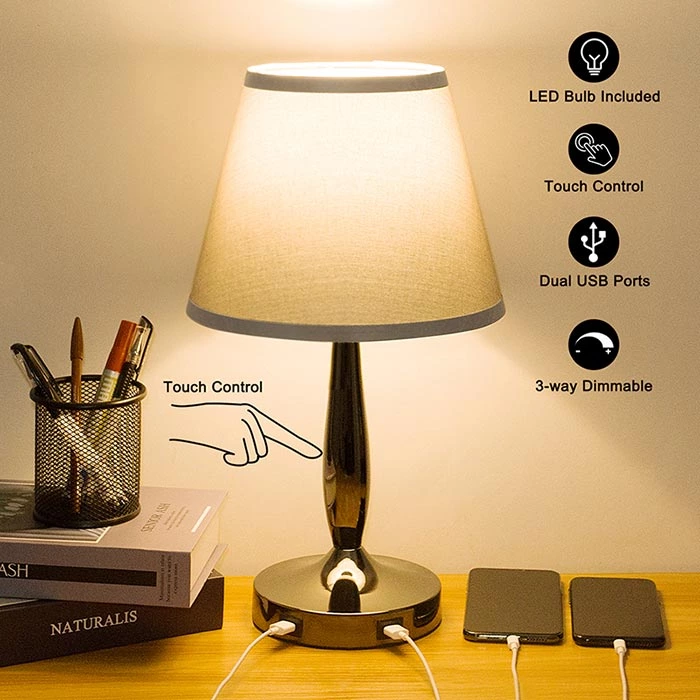 3-Way Dimmable Grey Touch Table Lamp for Bedroom with USB Ports