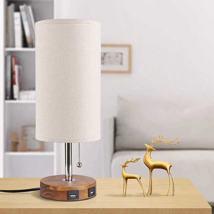 Solid Wood Bedside Table Lamp with USB Ports for Bedroom Livingroom