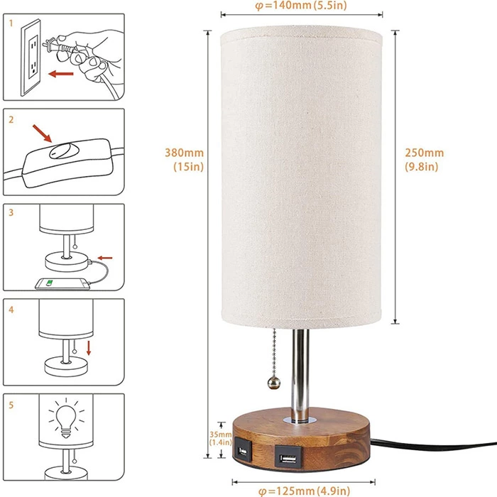 Solid Wood Bedside Table Lamp with USB Ports for Bedroom Livingroom