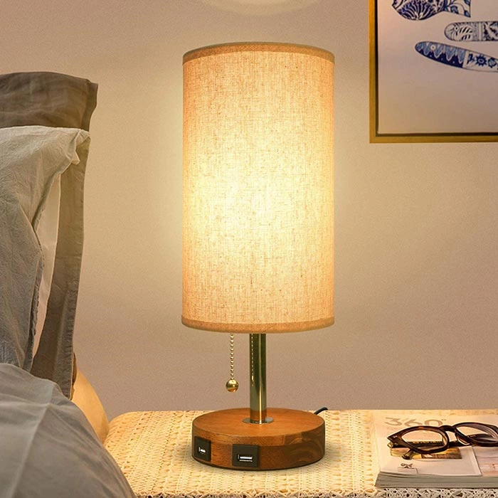 Solid Wood Bedside Table Lamp with USB Ports for Bedroom Livingroom