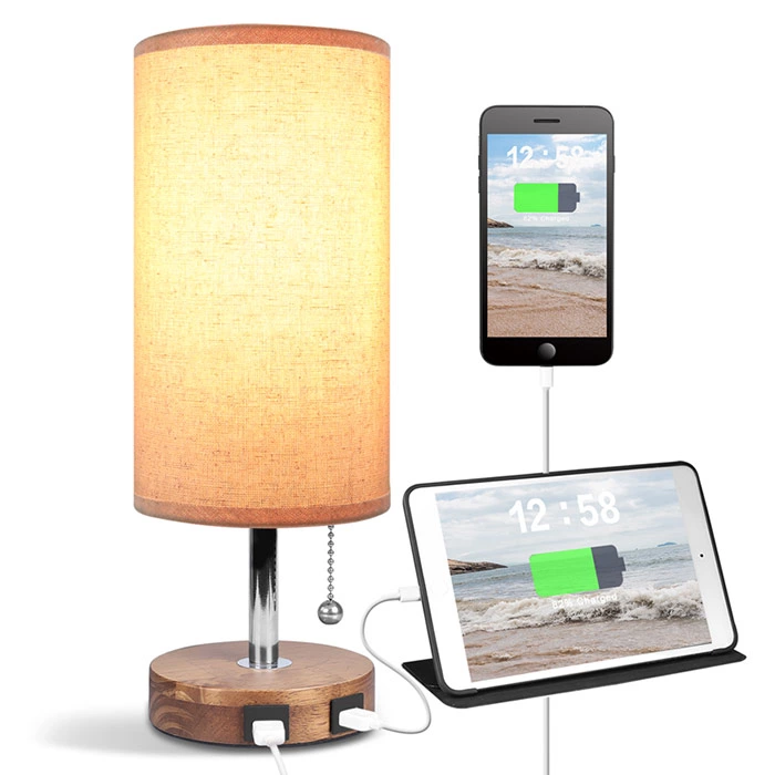 Solid Wood Bedside Table Lamp with USB Ports for Bedroom Livingroom