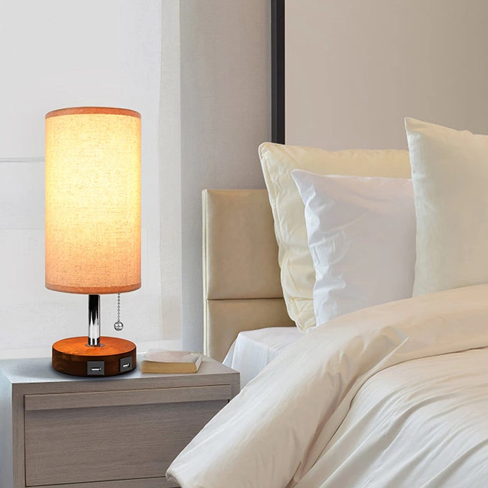 Solid Wood Bedside Table Lamp with USB Ports for Bedroom Livingroom