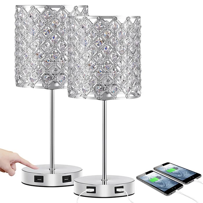 Sliver Crystal Bedside Lamp Set of 2 with Bulbs for Bedroom Living Room