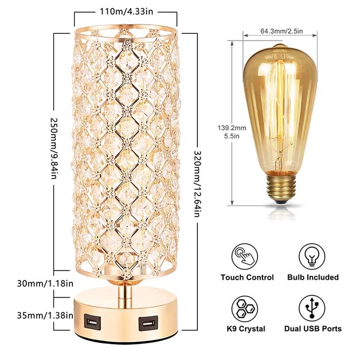 Gold Color Touch Control Crystal Table Lamp with Dual USB Ports