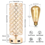 Gold Color Touch Control Crystal Table Lamp with Dual USB Ports