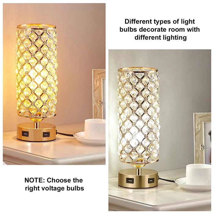 Gold Color Touch Control Crystal Table Lamp with Dual USB Ports