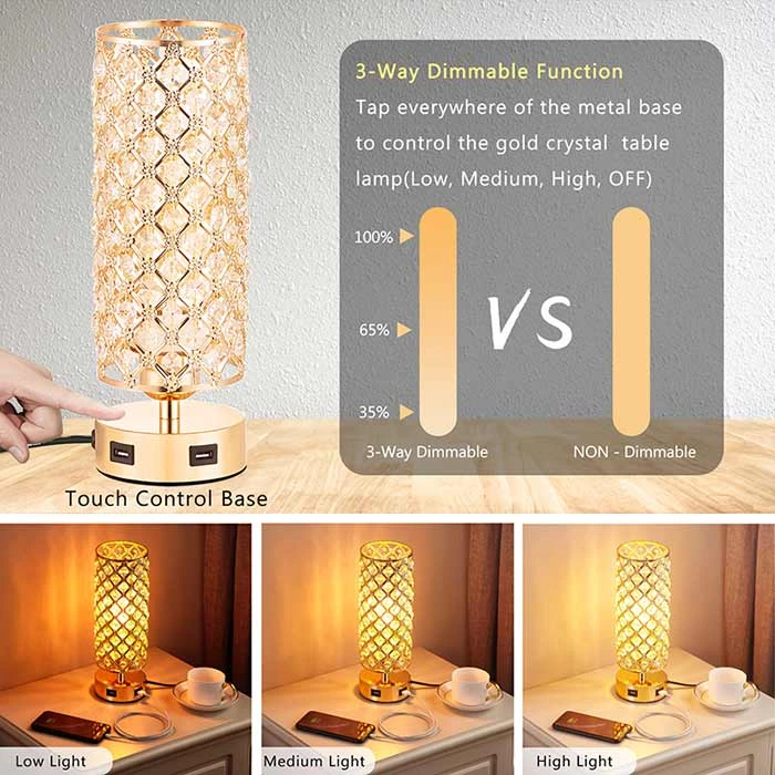 Gold Color Touch Control Crystal Table Lamp with Dual USB Ports