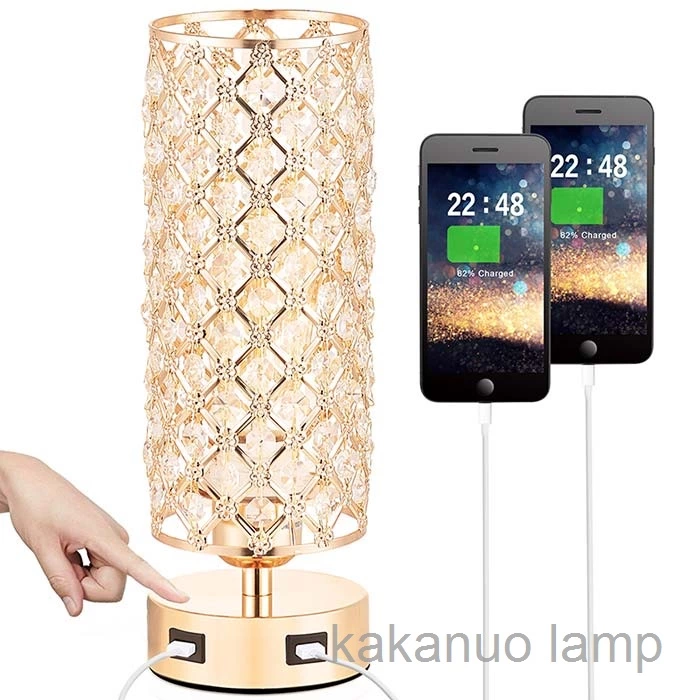 Gold Color Touch Control Crystal Table Lamp with Dual USB Ports