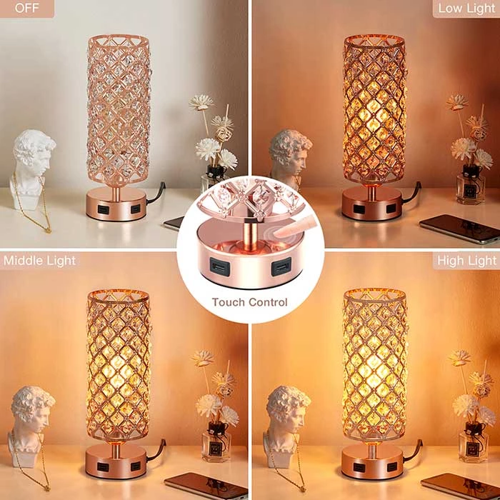 Rose Gold Color Touch Control Crystal Table Lamp with Dual USB Ports