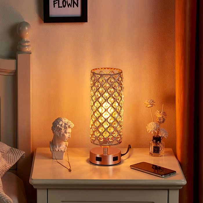 Rose Gold Color Touch Control Crystal Table Lamp with Dual USB Ports