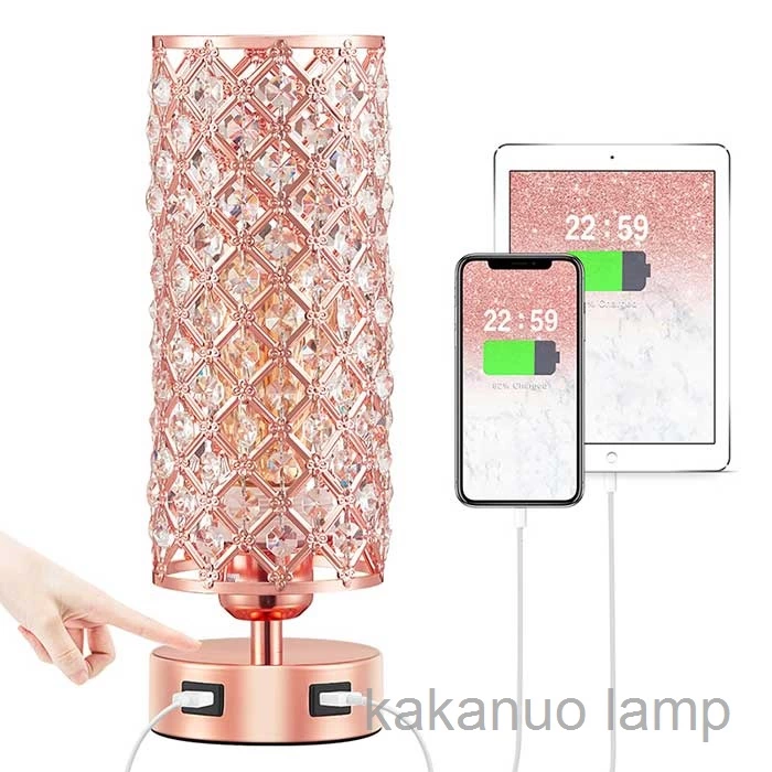 Rose Gold Color Touch Control Crystal Table Lamp with Dual USB Ports