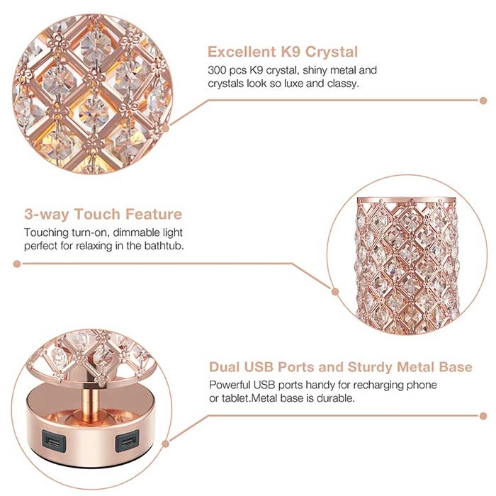 Rose Gold Color Touch Control Crystal Table Lamp with Dual USB Ports