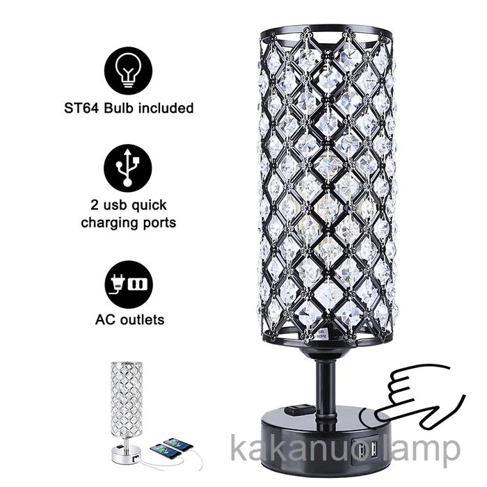 3-Way Dimmable Touch Control Dual USB Ports Black Crystal Table Lamp