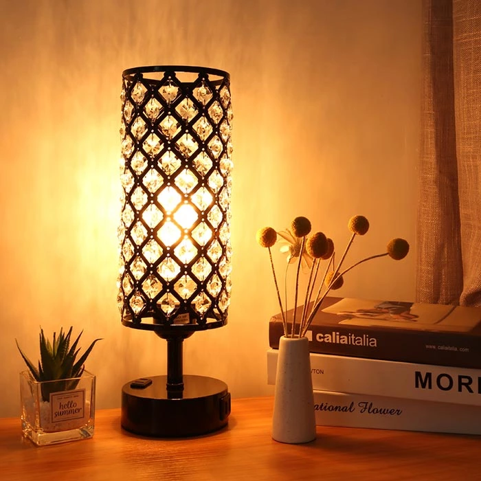 3-Way Dimmable Touch Control Dual USB Ports Black Crystal Table Lamp