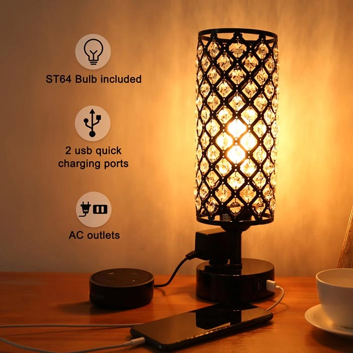 3-Way Dimmable Touch Control Dual USB Ports Black Crystal Table Lamp