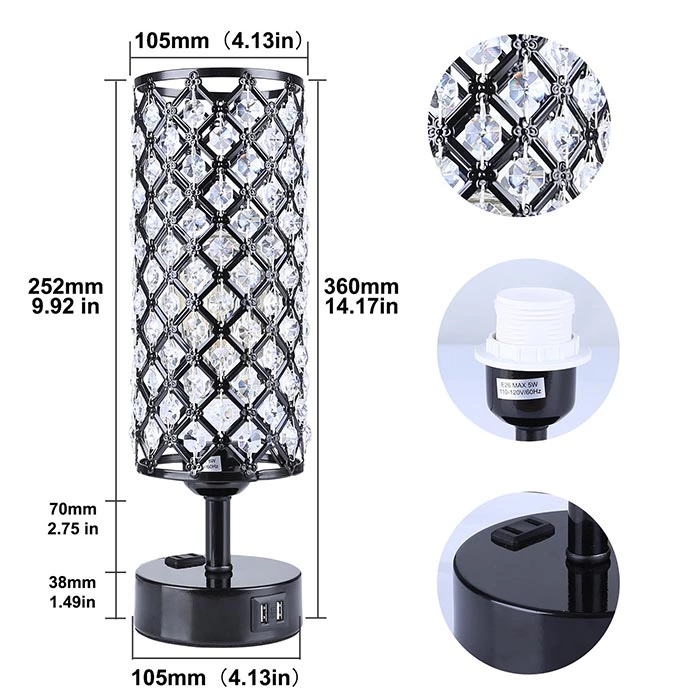 3-Way Dimmable Touch Control Dual USB Ports Black Crystal Table Lamp