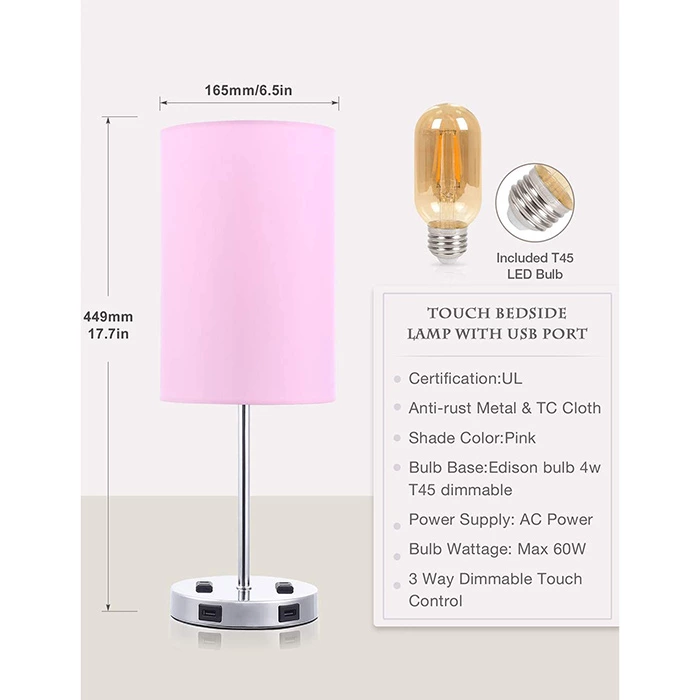 Pink Color Small Touch Control Nightstand Lamp with USB Outlet